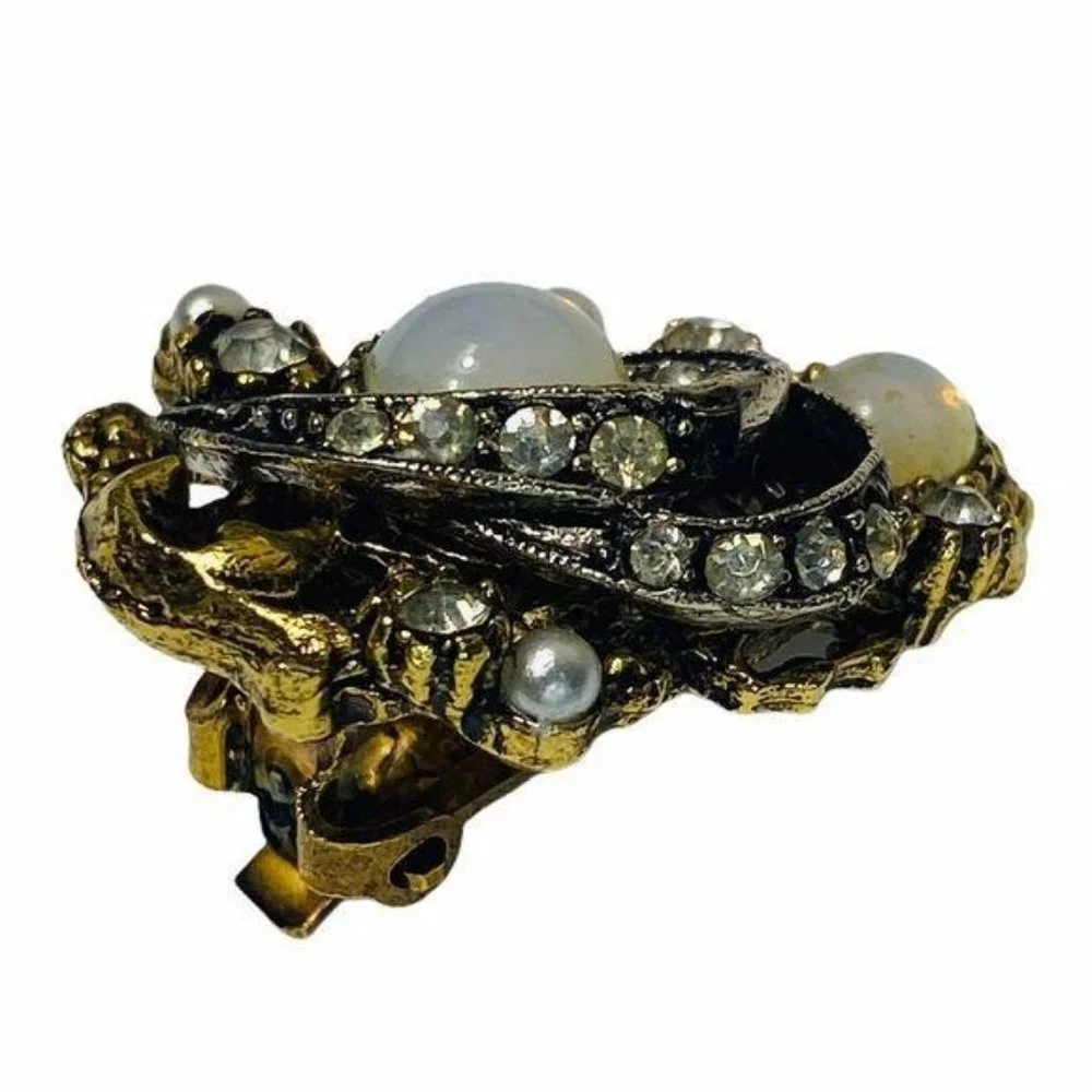 Vintage ART© Clip On Moonstone and Rhinestone Earrings Signed by Arthur Pepper - Picture 3 of 9